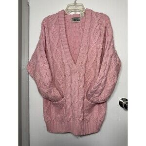 Vintage Forenza Pink Cable Knit Oversized V-Neck Sweater Wool Blend Large Cozy